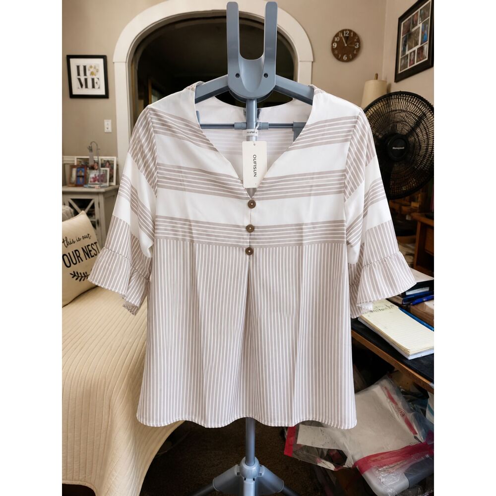 OUFISUN Taupe Cream Striped Ruffle Sleeve Blouse Medium NWT V-Neck